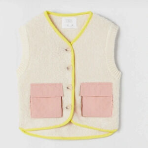 Zara Kids Boucle Knit Sweater Vest Fleece Pile  Retro Vintage Button Down 13-14